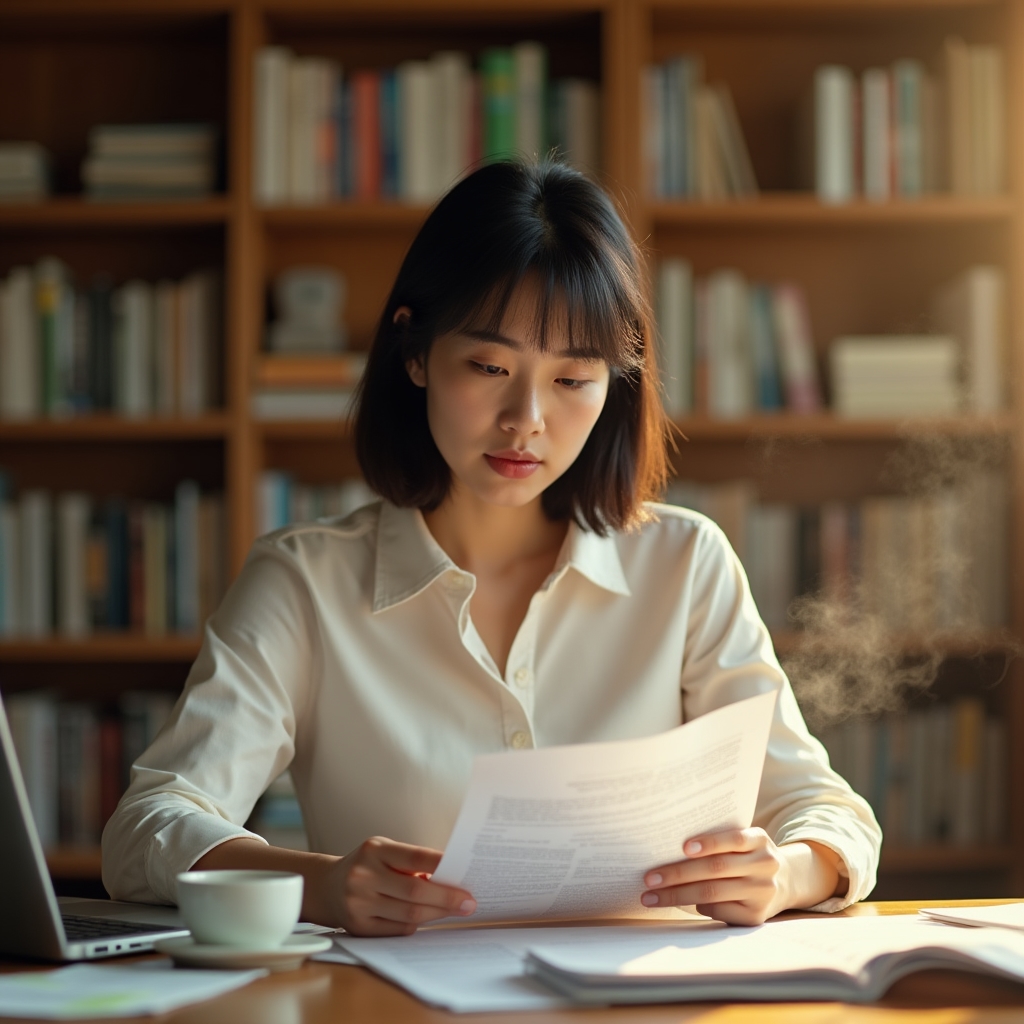 A young journalist at a warm-lit desk reviewing a research document, coffee cup nearby, bookshelf in background