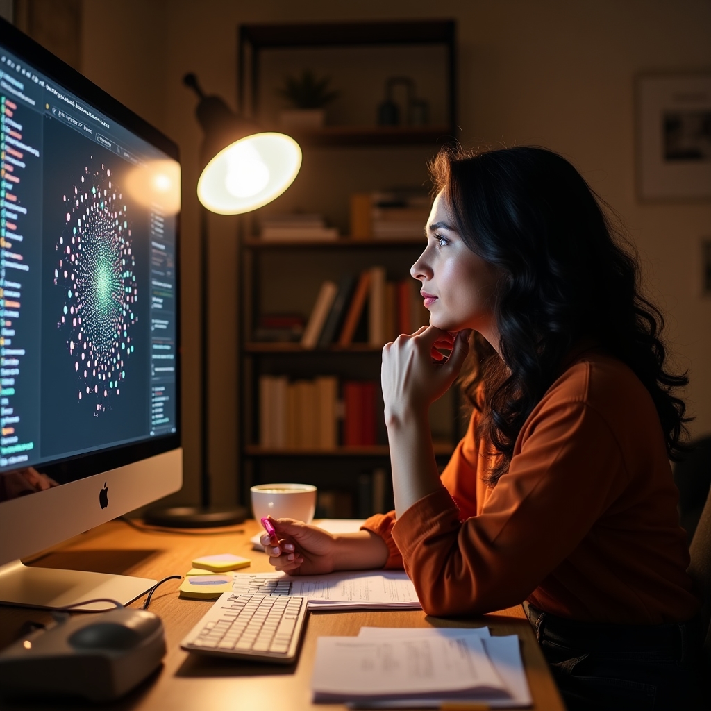 A young woman studying a link graph visualization on a wide monitor in a warm home office setting