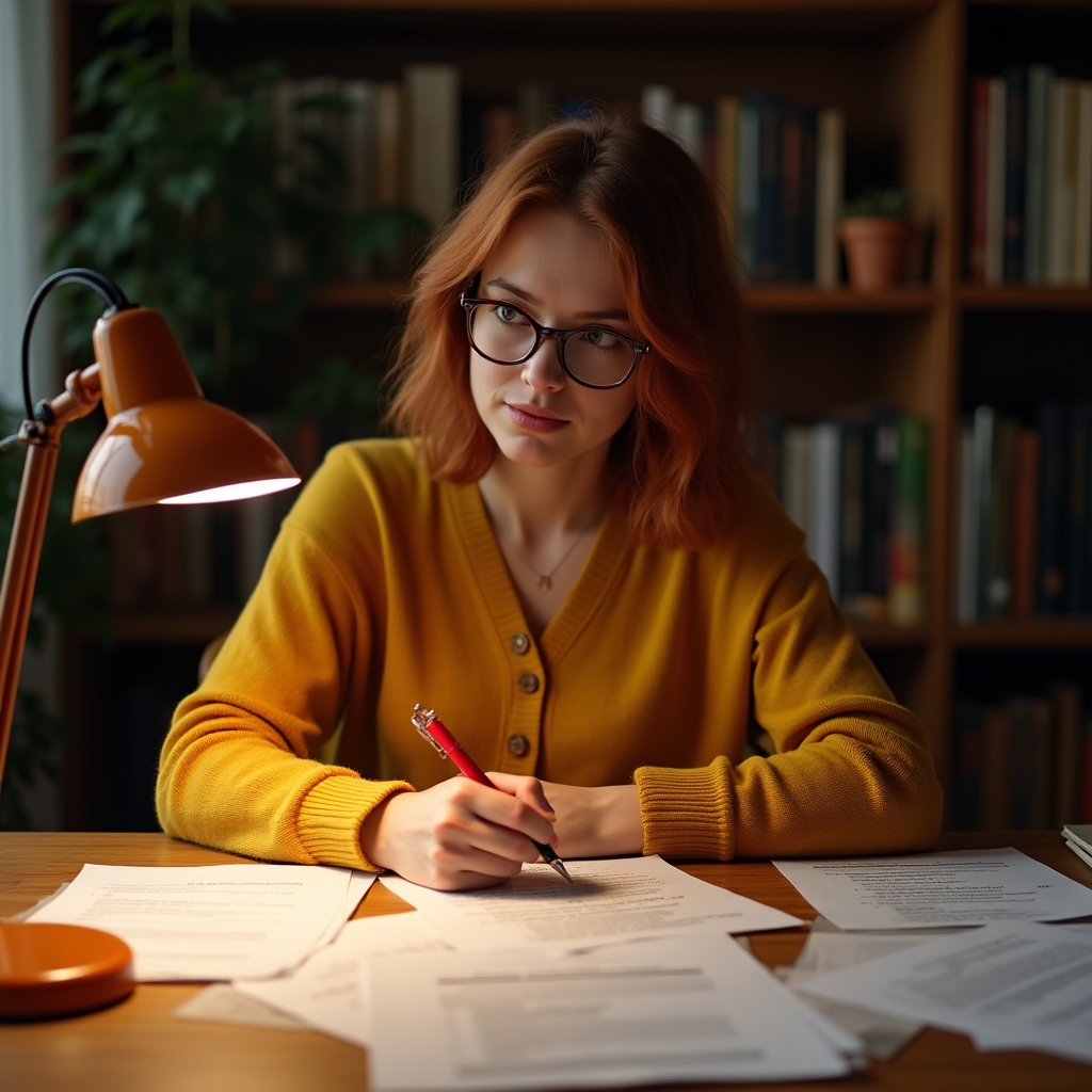 A researcher with notebooks open on a desk, annotating a printed webpage with a pen, warm lamp light, bookshelves in background